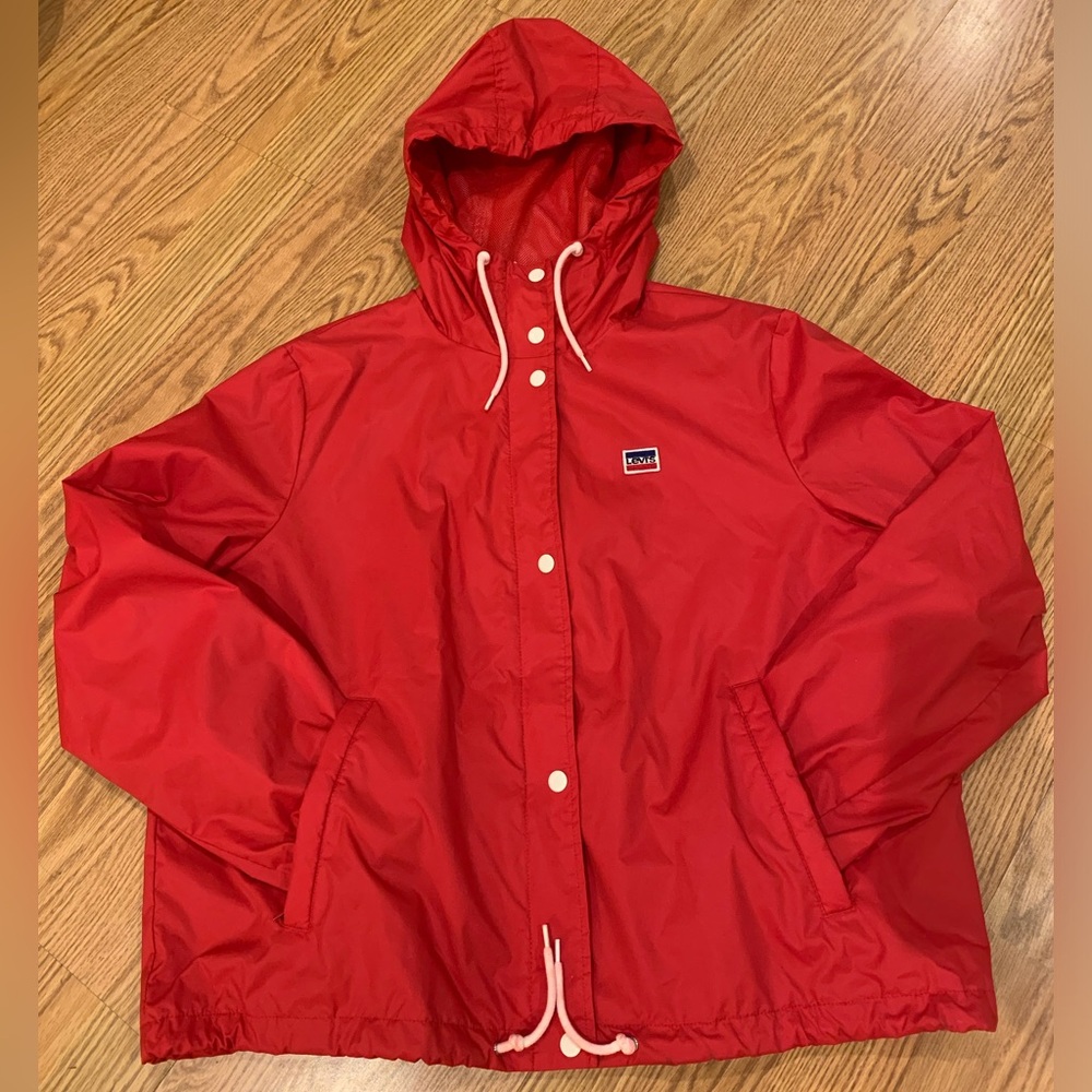 Women’s LEVI'S Red Windbreaker/Rain Jacket Hooded Zip Up SZ XL, Fits Like Large